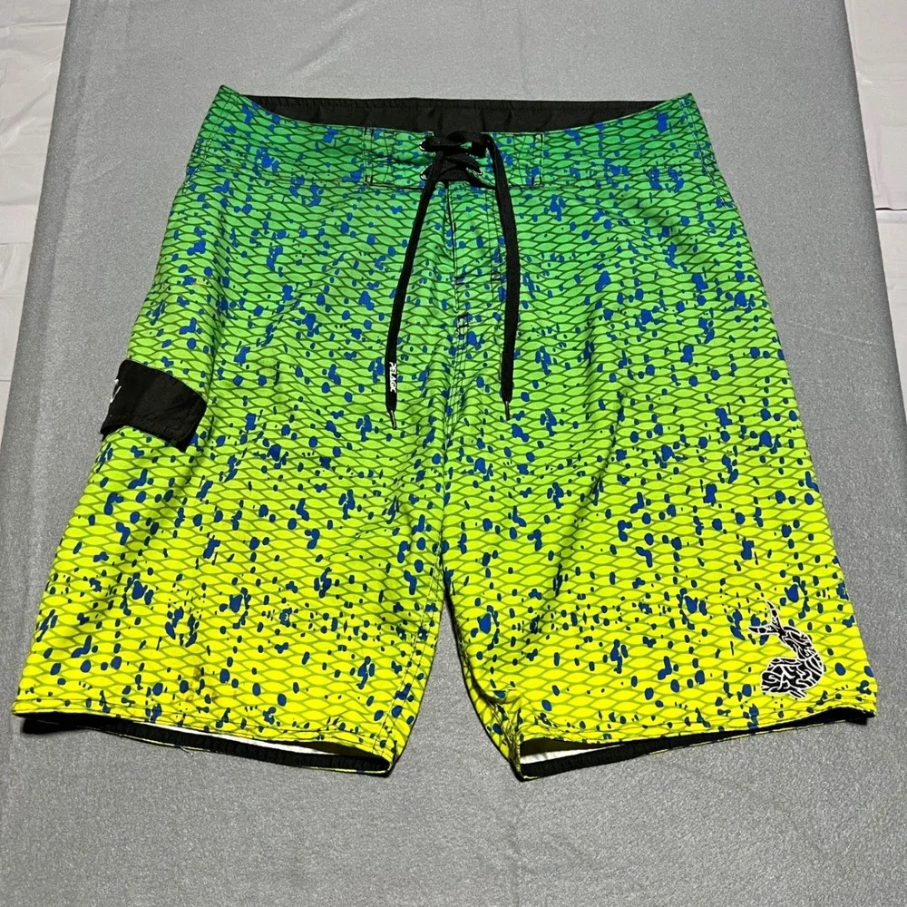 Pelagic Mens Mahi Fish Scale Board Shorts Green Blue Splatter Size 32 235-G